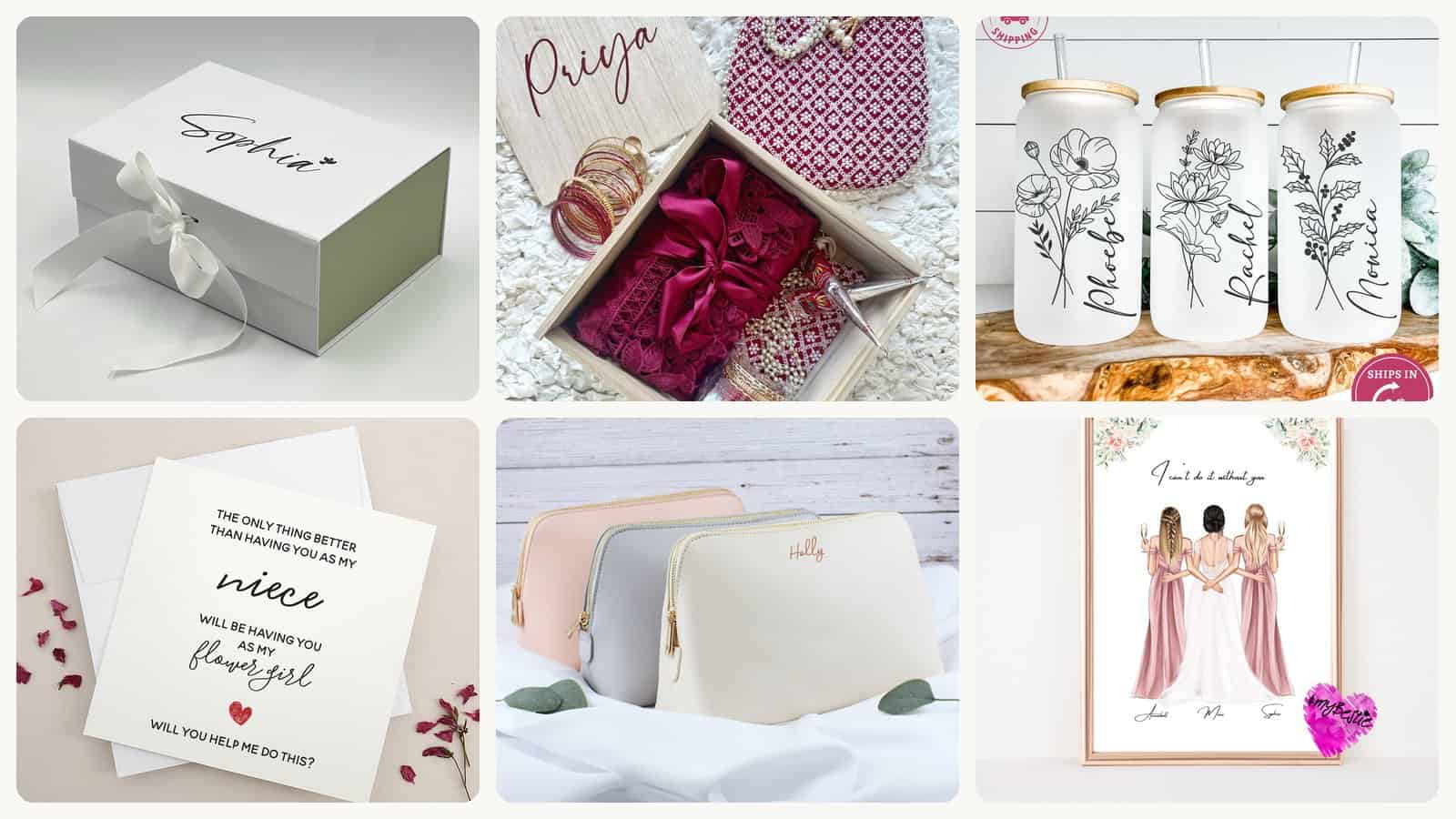 A selection of bridesmaid proposal boxes and gifts from this roundup