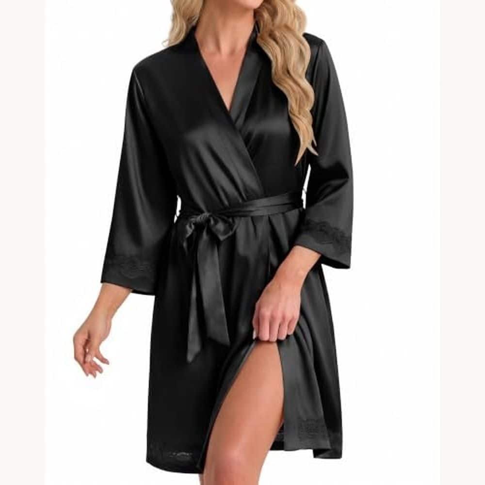 Black Satin Robe with Lace Trim