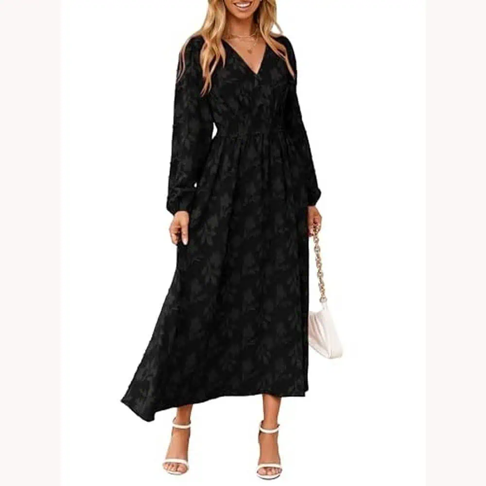 Black Floral Long-Sleeve Maxi Dress