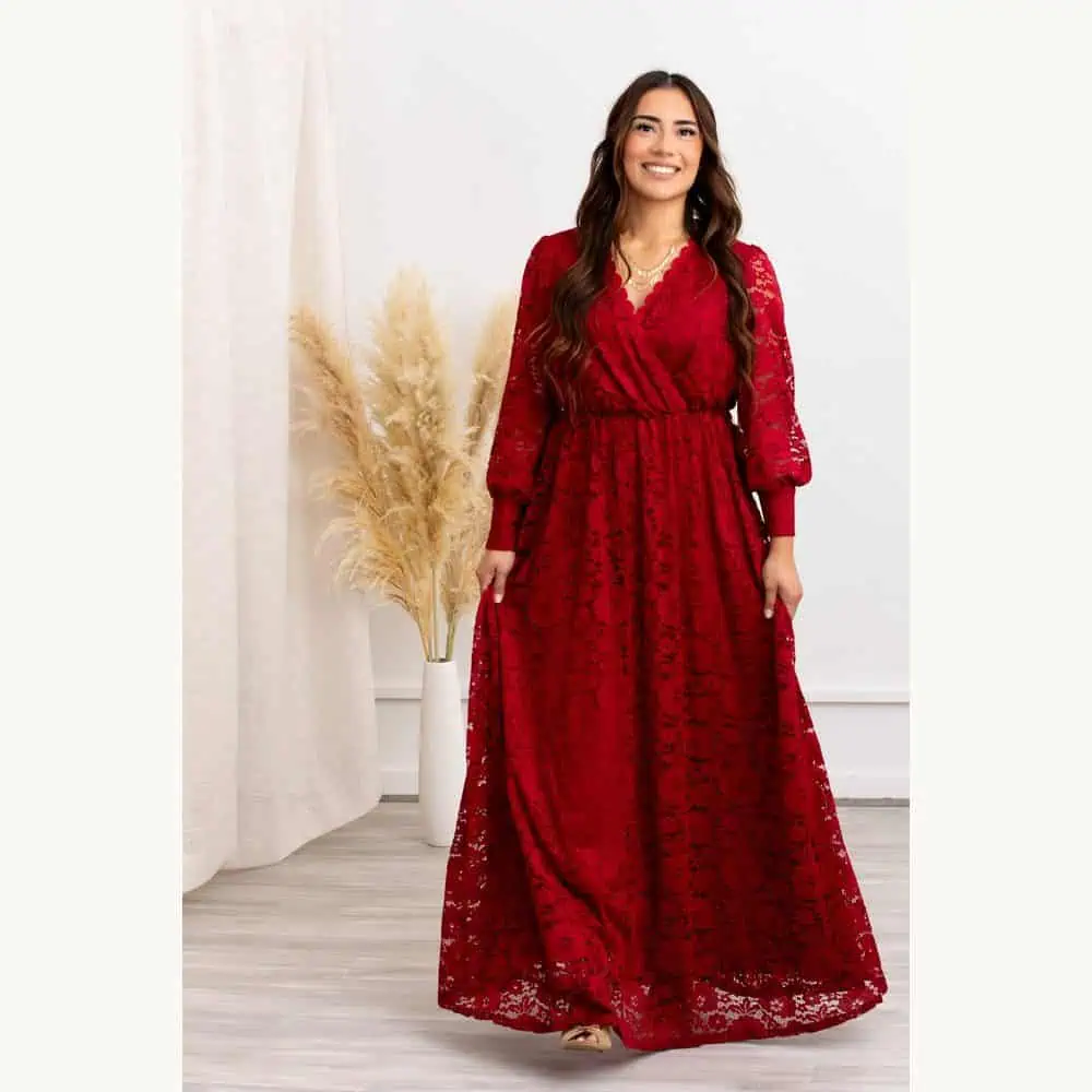 Burgundy Lace Faux-Wrap Maxi Dress