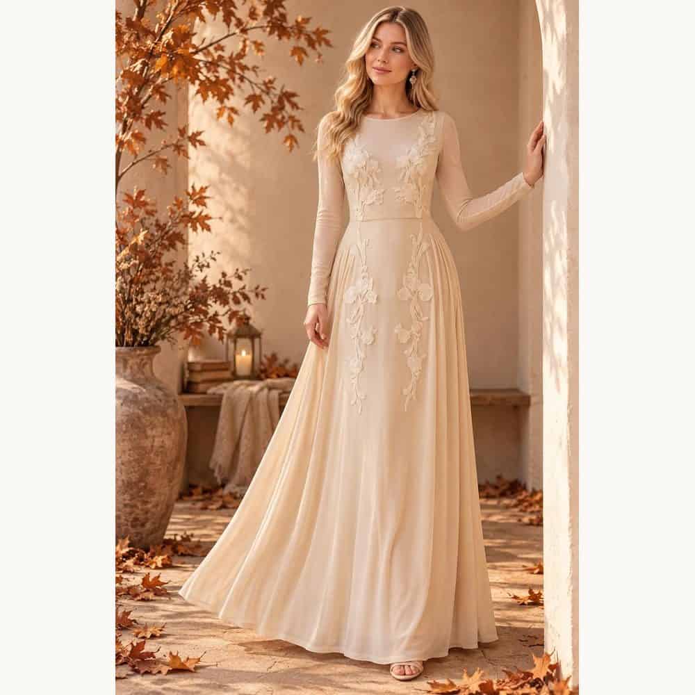 Floral Embroidered Long-Sleeve Gown