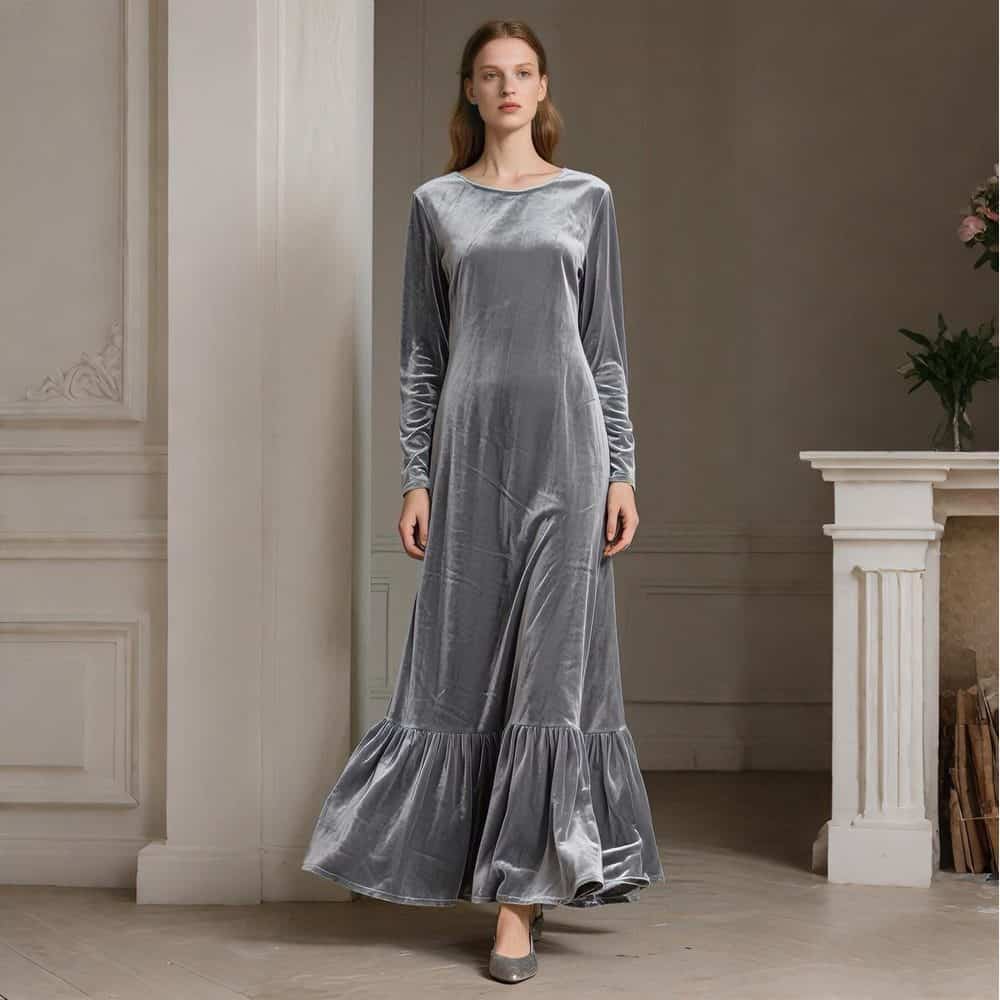 Gray Velvet Crew-Neck Maxi Dress