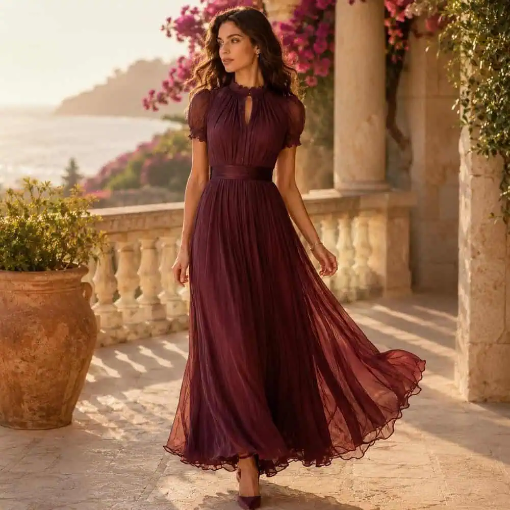 High-Neck Chiffon Puff-Sleeve Gown
