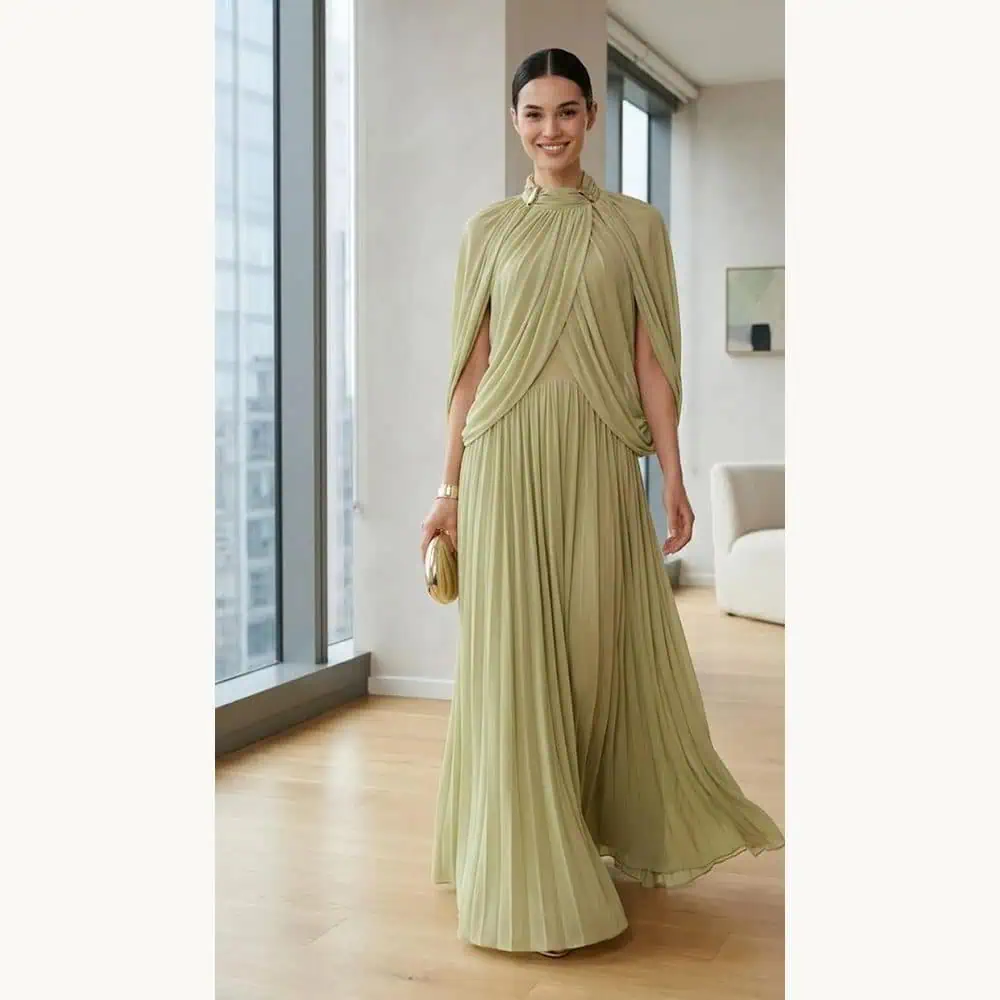 High-Neck Pleated Chiffon Maxi Dress
