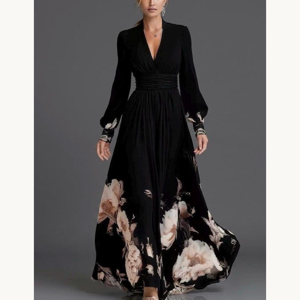 Long-Sleeve Floral A-Line Maxi Dress