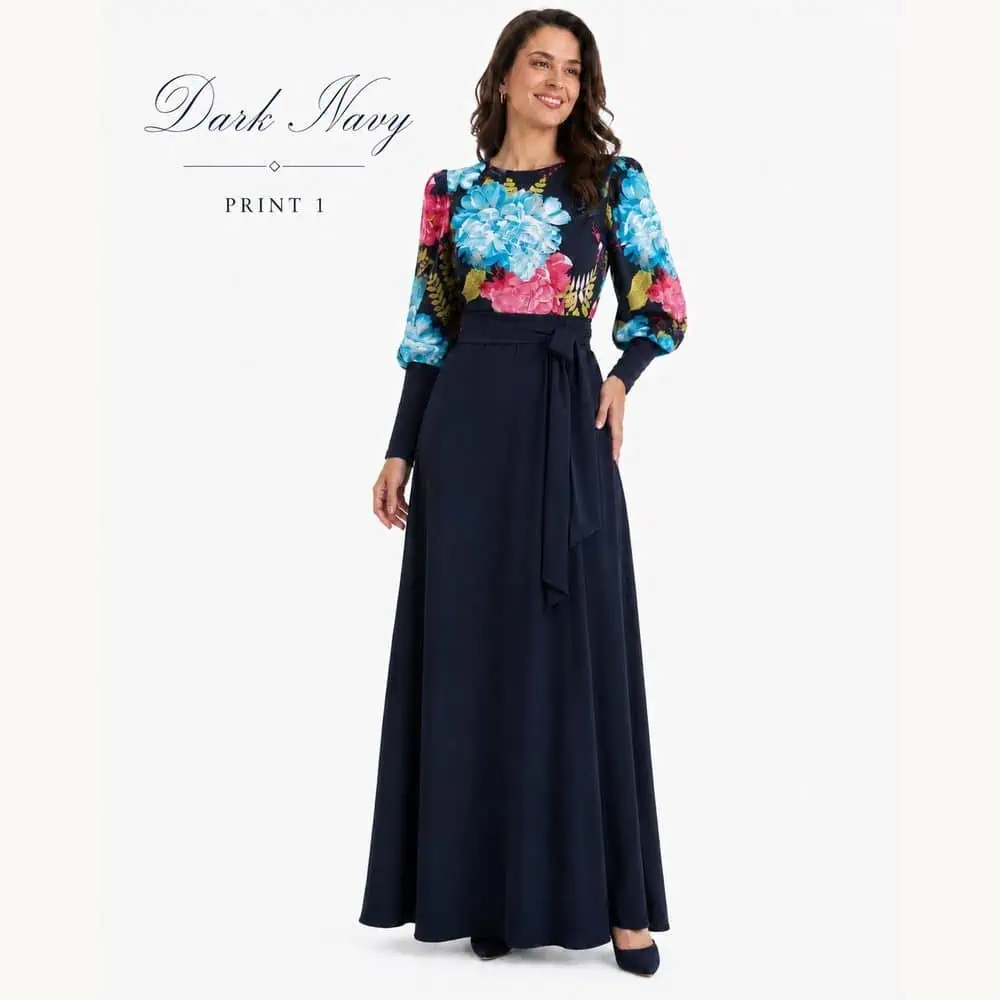 Navy Floral Belted Modest Maxi Dress