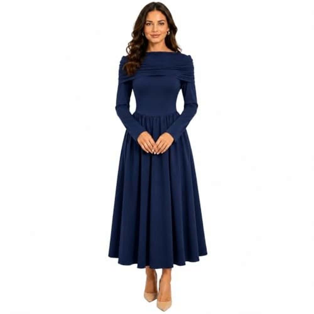 Navy Foldover-Neck Long-Sleeve Dress