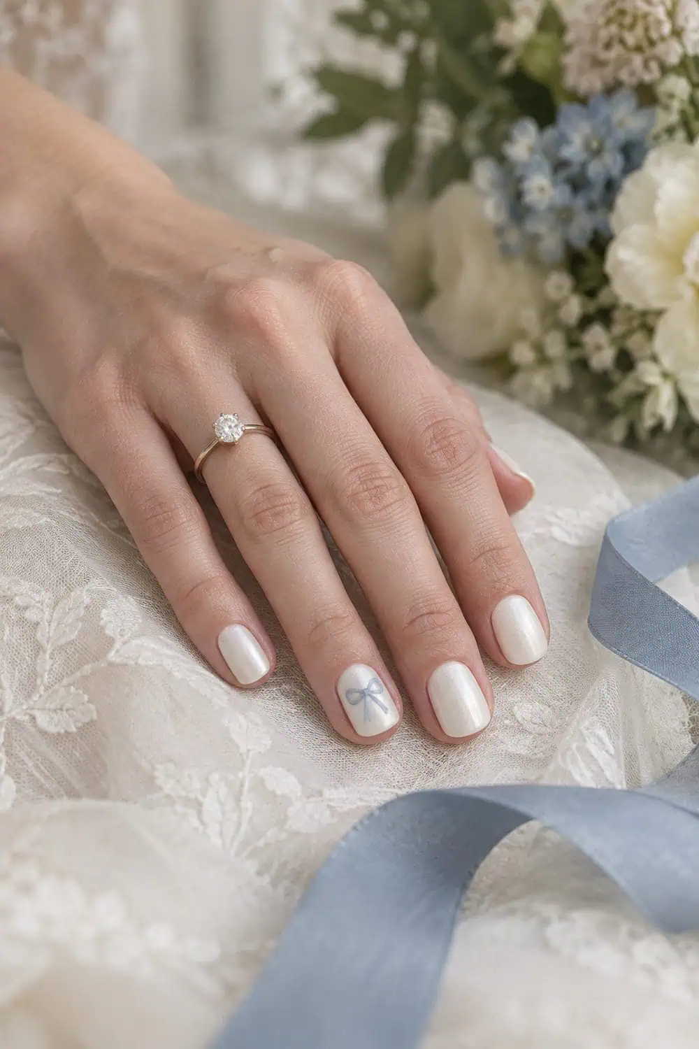 Bridal fair hand with short squoval nails painted pearl white, one small dusty-blue bow painted on each visible ring-finger nail, ribbon nearby