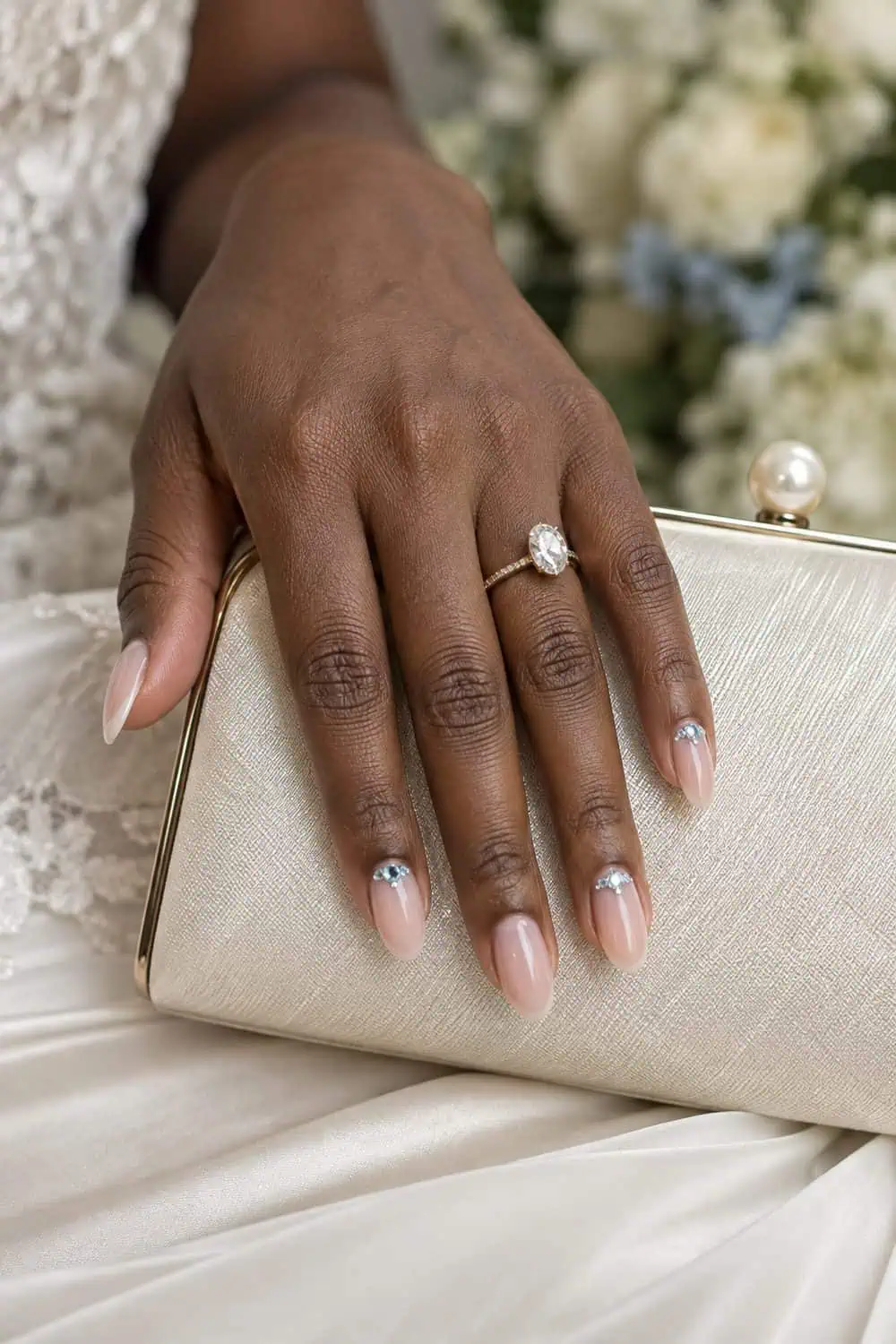 Bridal dark-brown hand with medium almond nails, sheer pink base and tiny pale-blue crystals at cuticles of two accent nails, ivory clutch