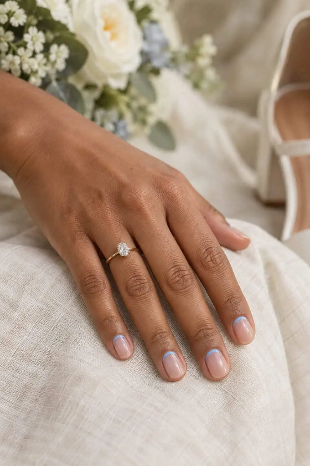 Bridal light-brown hand with short rounded nails, clear gloss and slim powder-blue cuff lines at each cuticle, ivory linen