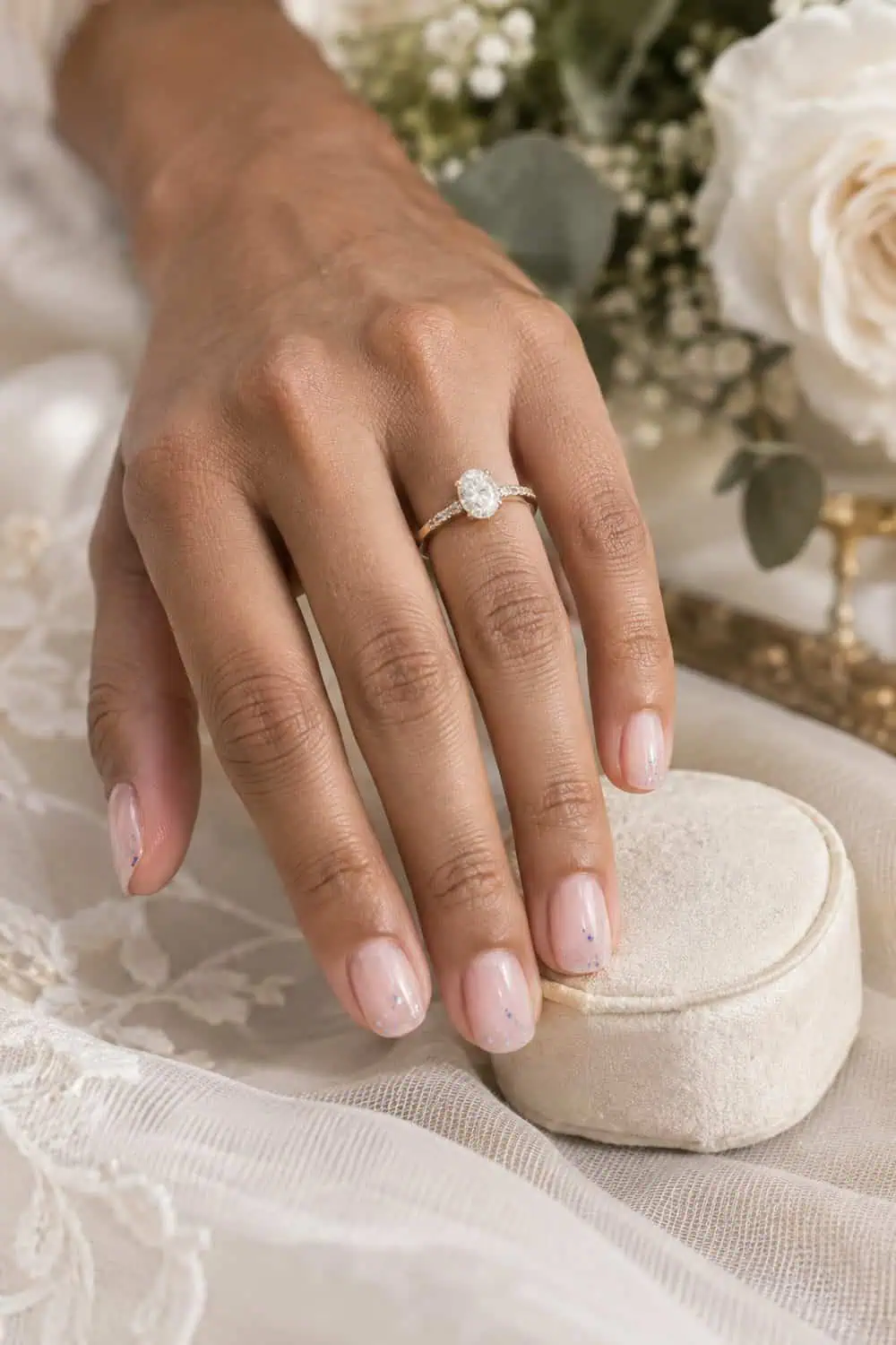 Bridal light-brown hand with short oval nails, sheer pink base and sparse tiny pale-blue foil flecks near tips, cream ring box