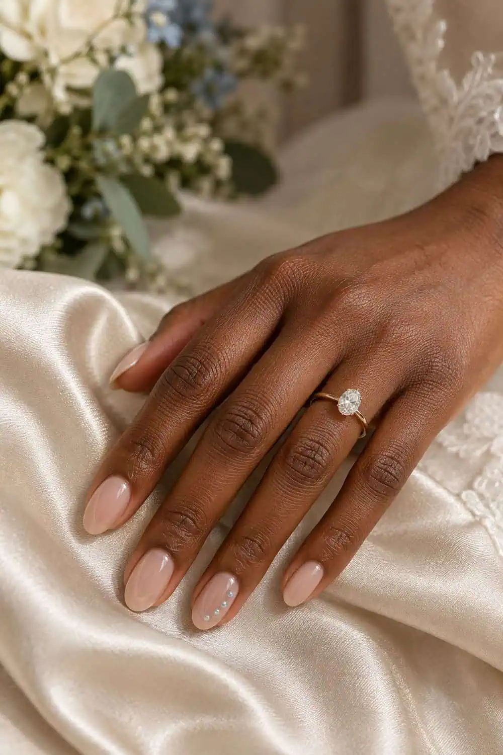 Bridal dark-brown hand with short almond nails painted sheer nude, tiny pale-blue pearls on ring-finger accents only, champagne satin