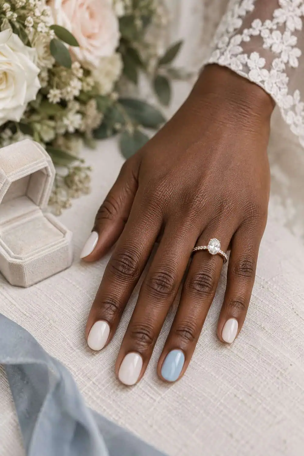 Bridal deep-brown hand with short oval nails, milky white polish and one solid powder-blue ring-finger nail, ring box nearby