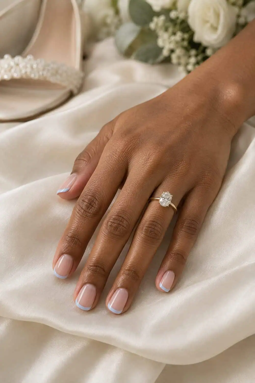 Bridal medium-brown hand with short square nails, sheer nude base and ultra-thin pale-blue French tips, ivory silk