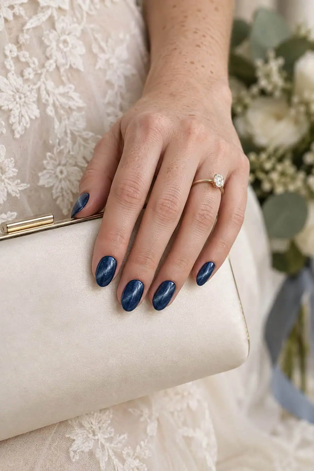 adult bride's fair freckled hand with short almond nails painted sapphire-blue magnetic velvet polish, narrow light bands, ivory clutch