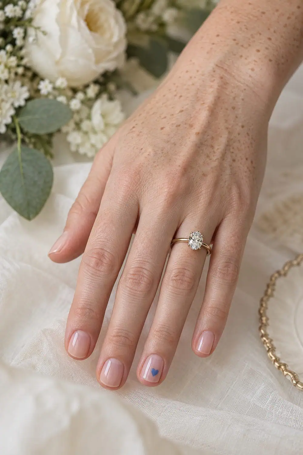 Bridal fair freckled hand with short rounded nails under clear gloss, one tiny cornflower-blue heart on each visible ring-finger nail, cream background