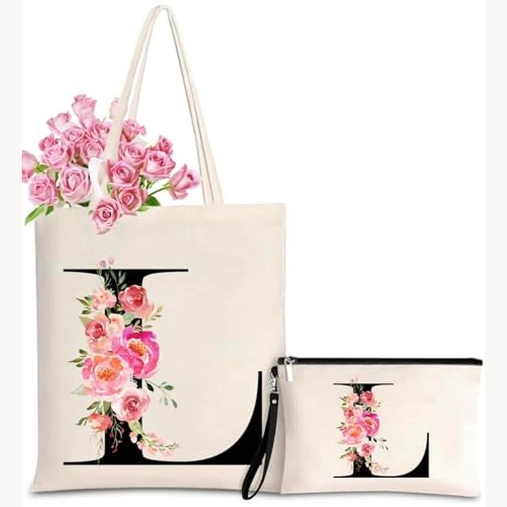 Floral Initial Tote and Pouch Set