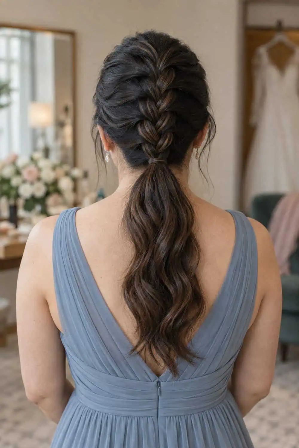 Dutch Braid into a Low Ponytail wedding inspiration