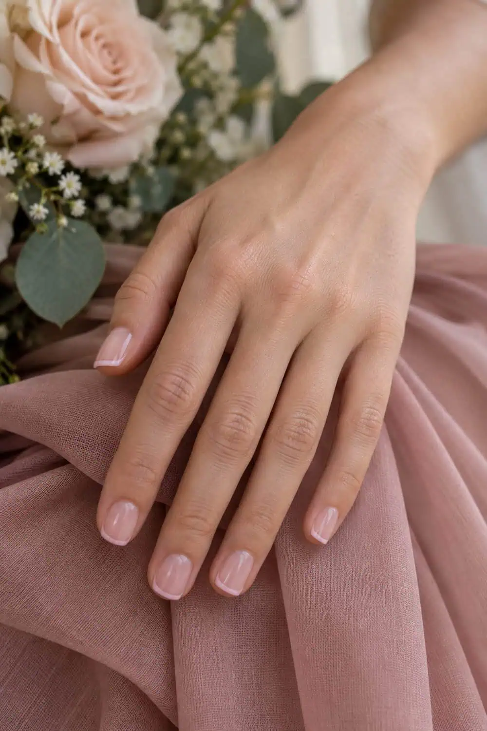 Bridesmaid fair hand with short square nails, sheer pink base and ultra-thin blush-pink French tips, rose chiffon nearby