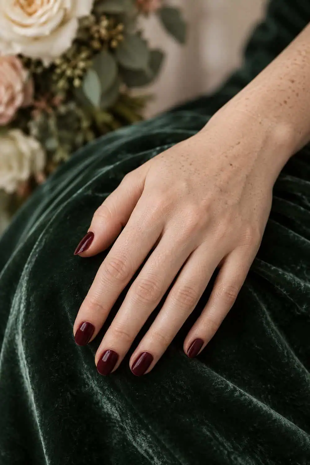 Bridesmaid fair freckled hand with short almond nails painted solid deep burgundy, resting on dark green velvet