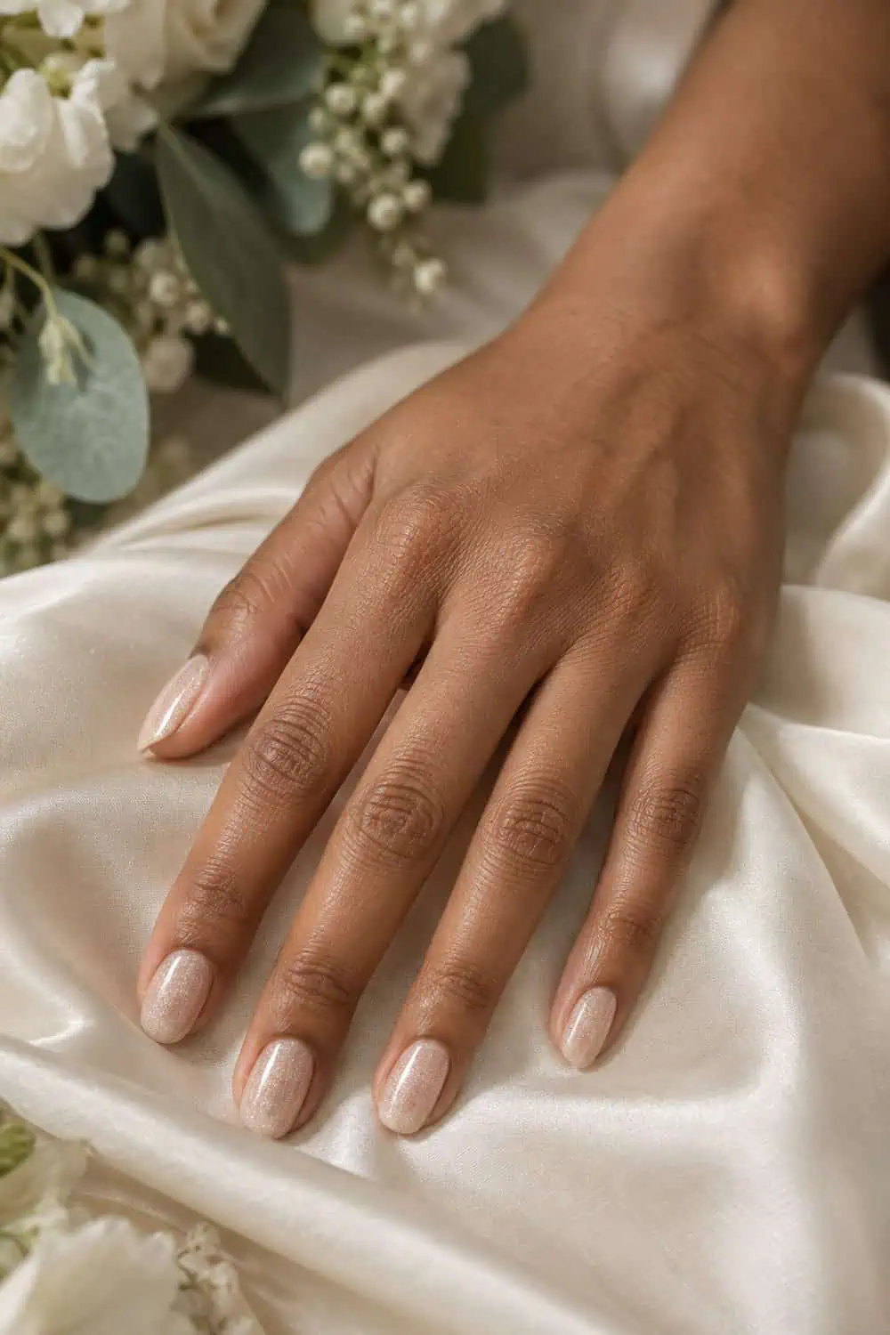 Bridesmaid light-brown hand with medium rounded nails, sheer champagne polish with fine shimmer, on ivory satin