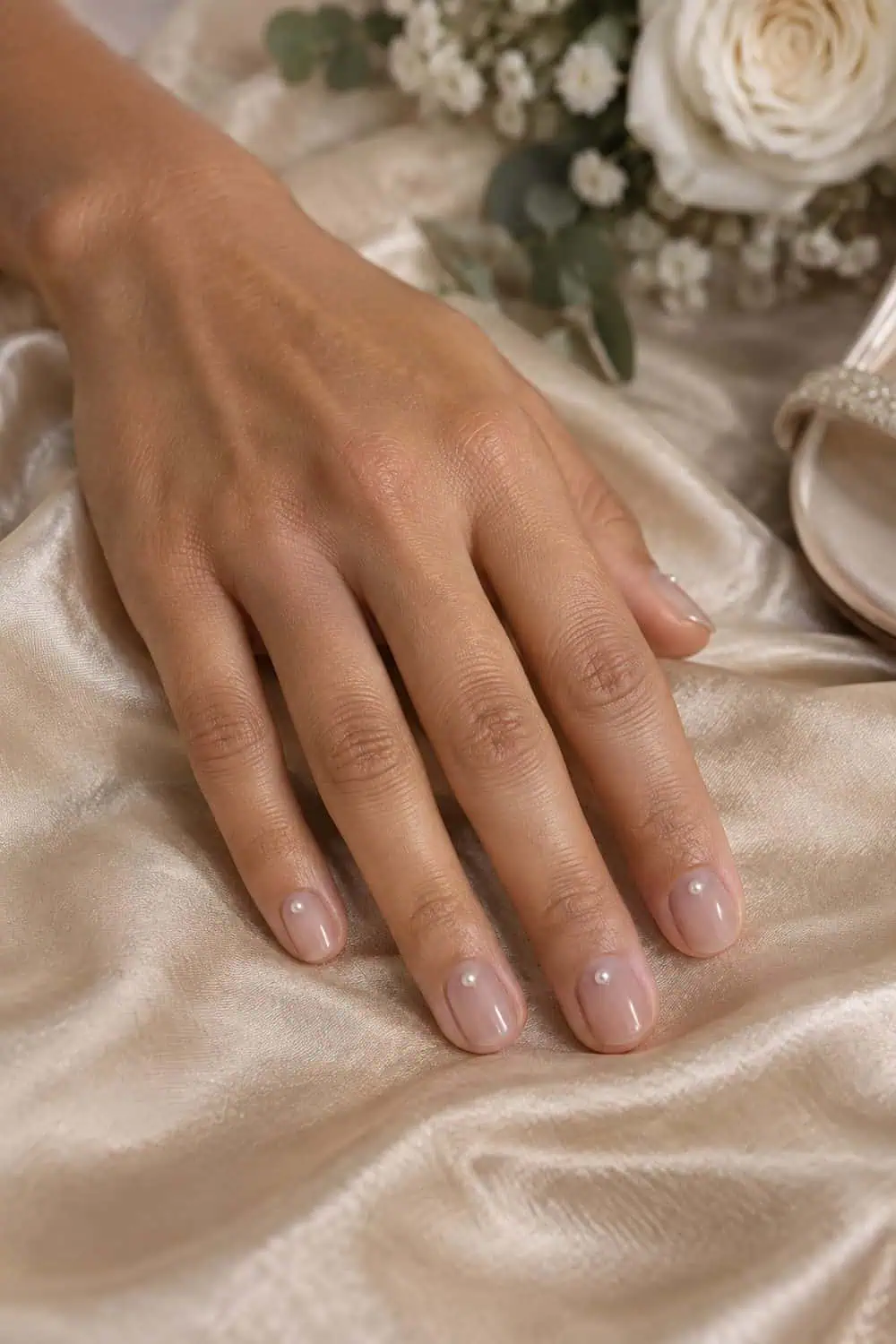 Bridesmaid warm tan hand with short natural rounded nails under clear gloss, one tiny pearl dot near each cuticle, champagne fabric