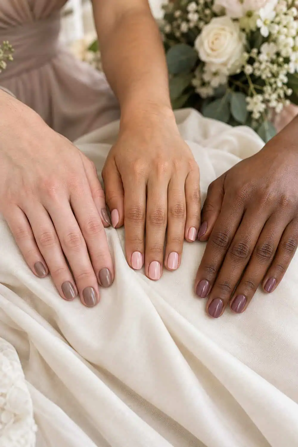 three diverse adult bridesmaids' hands together, short natural nails in separate solid taupe, blush and mauve shades, exactly five fingers per visible hand, cream fabric