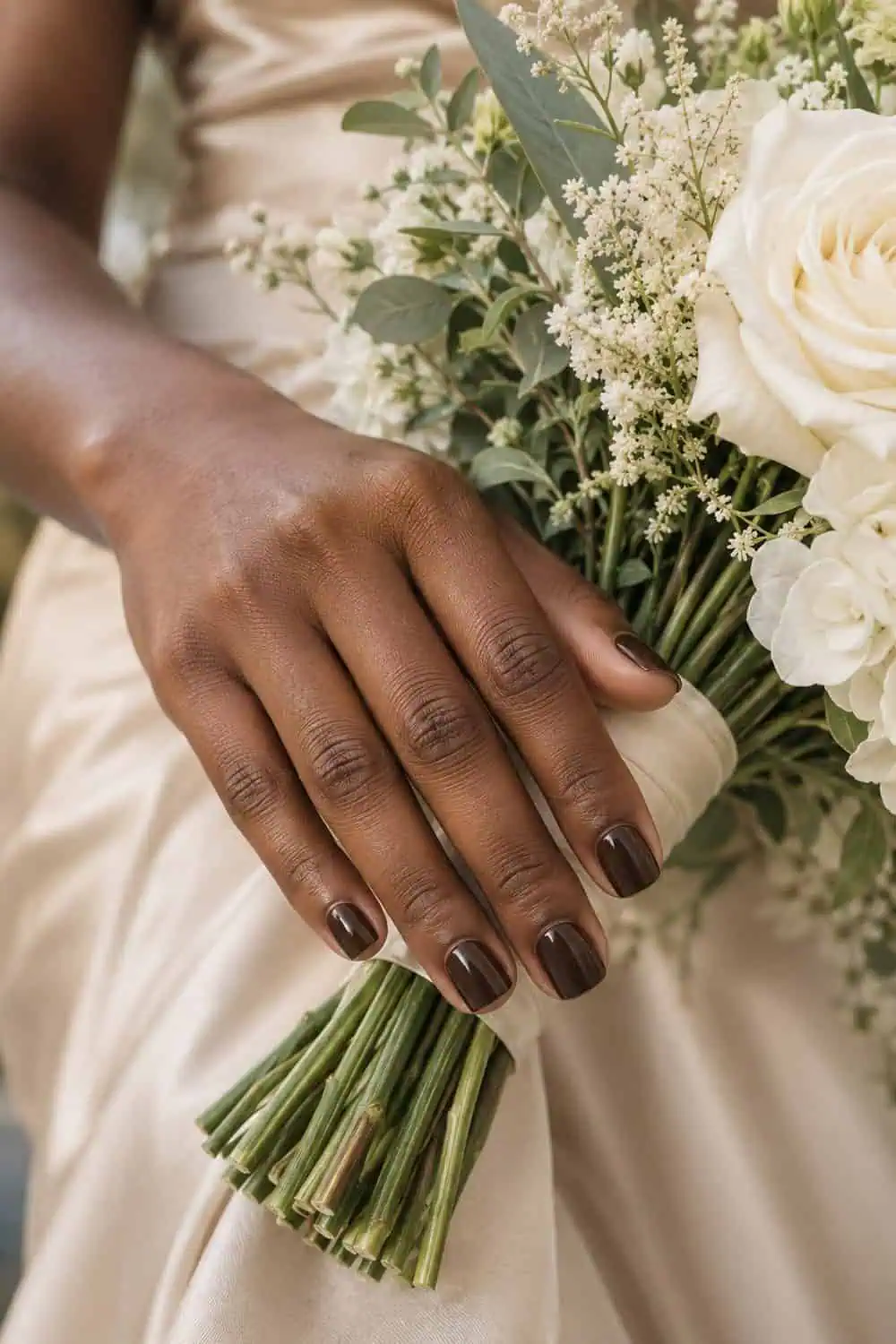 adult bridesmaid's deep-brown hand with short soft-square nails painted solid glossy espresso brown, cream bouquet nearby