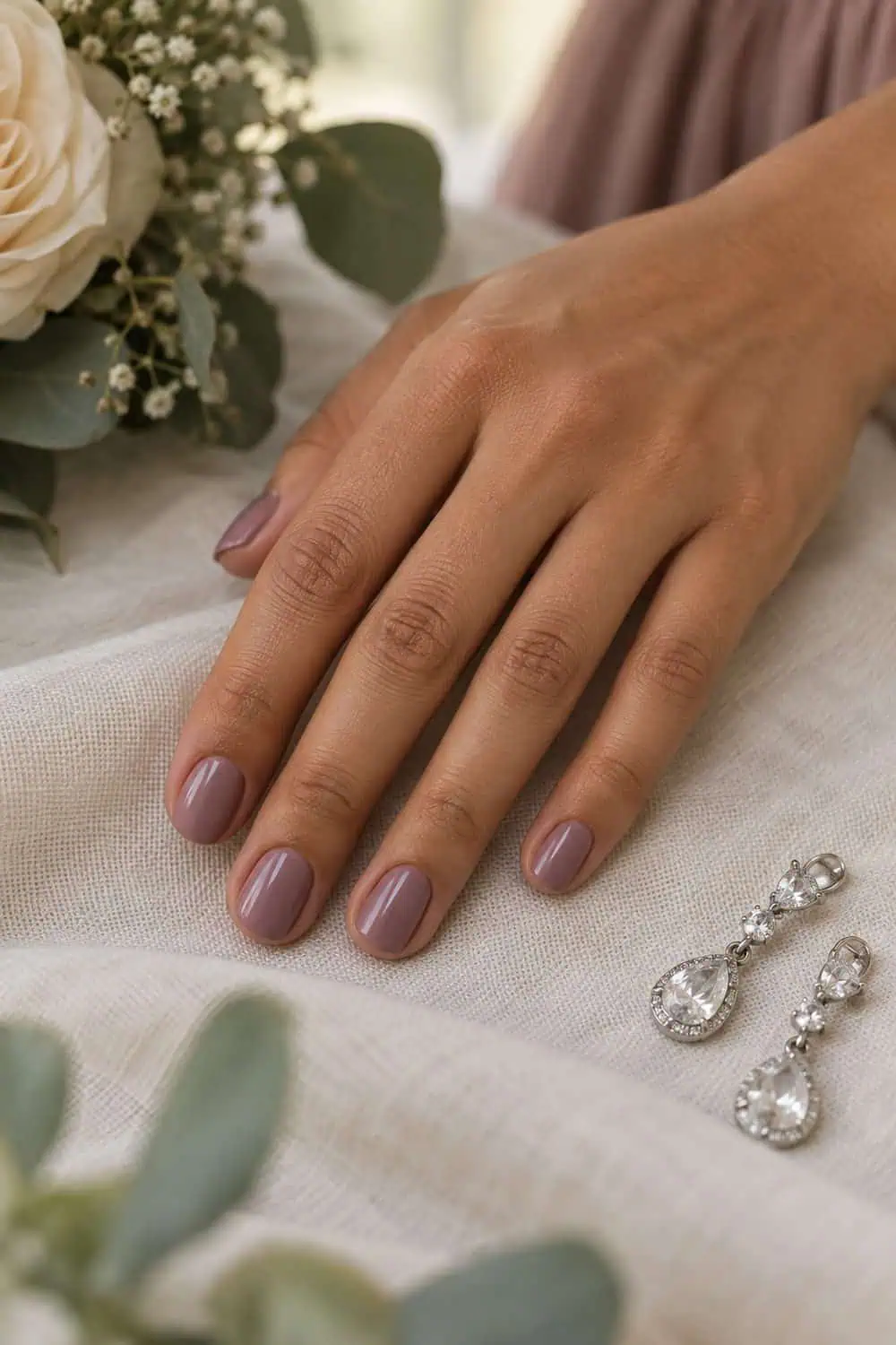 Bridesmaid olive-toned hand with short soft-square nails painted solid muted mauve, beside silver earrings