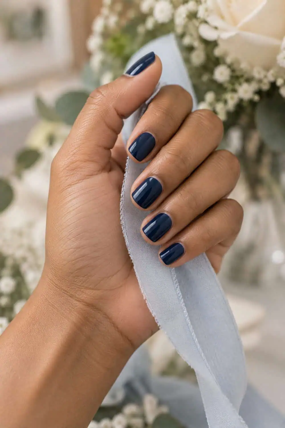Bridesmaid light-brown hand with short squoval nails painted solid navy blue, holding a pale blue ribbon