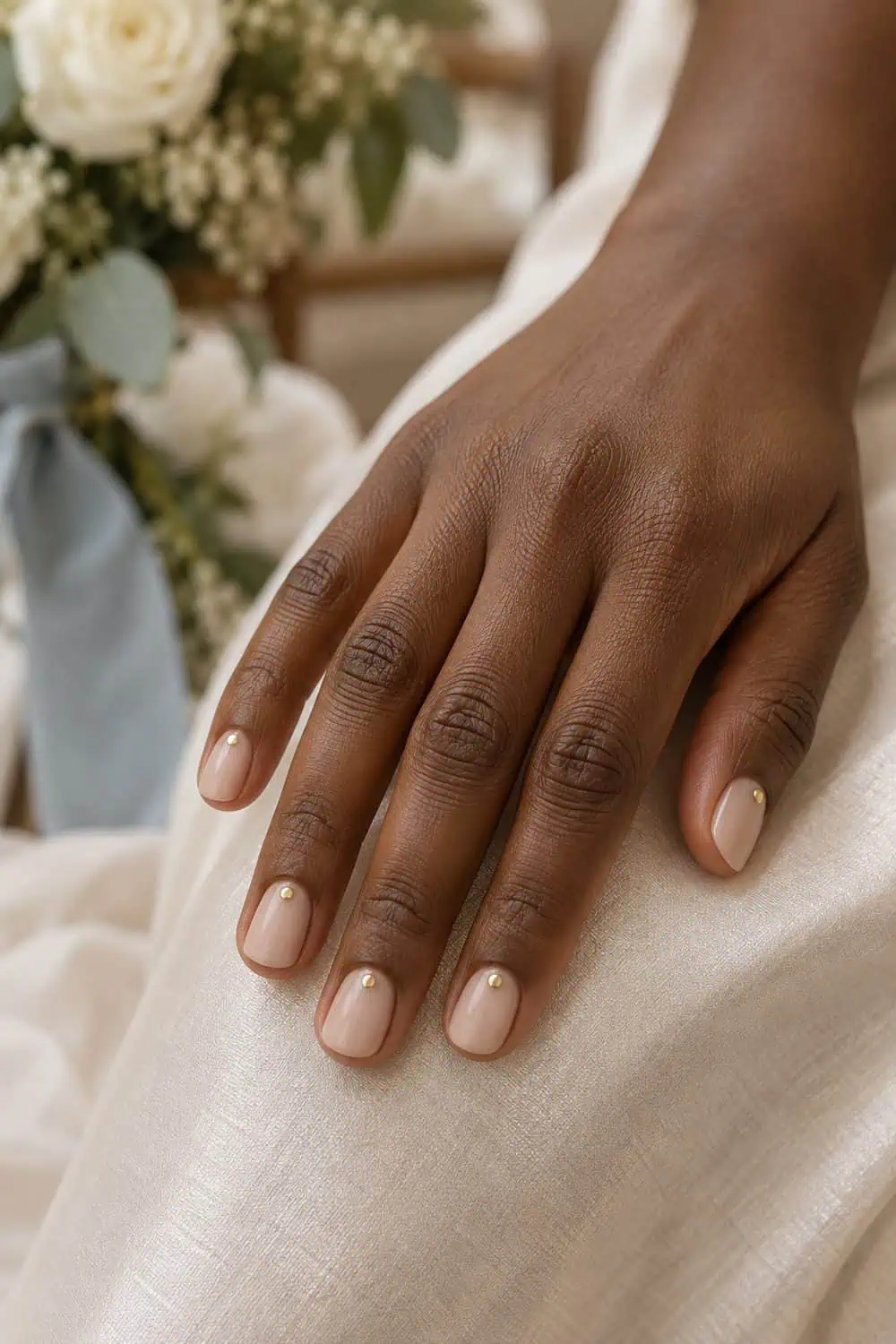 Bridesmaid deep-brown hand with short rounded nails, sheer beige base and one tiny gold dot centered at each cuticle, cream background