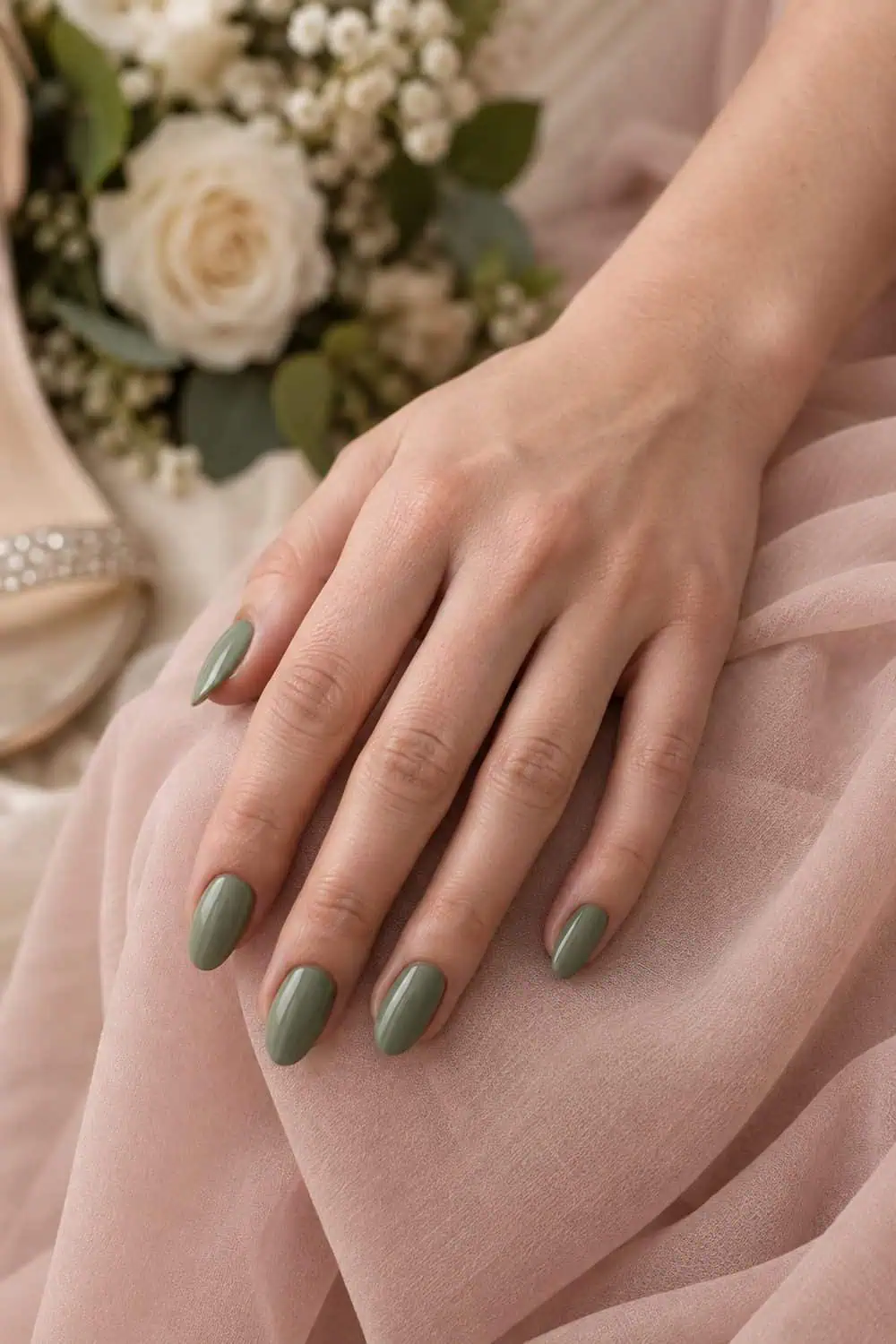 Bridesmaid fair hand with medium almond nails painted solid muted sage green, resting on blush chiffon