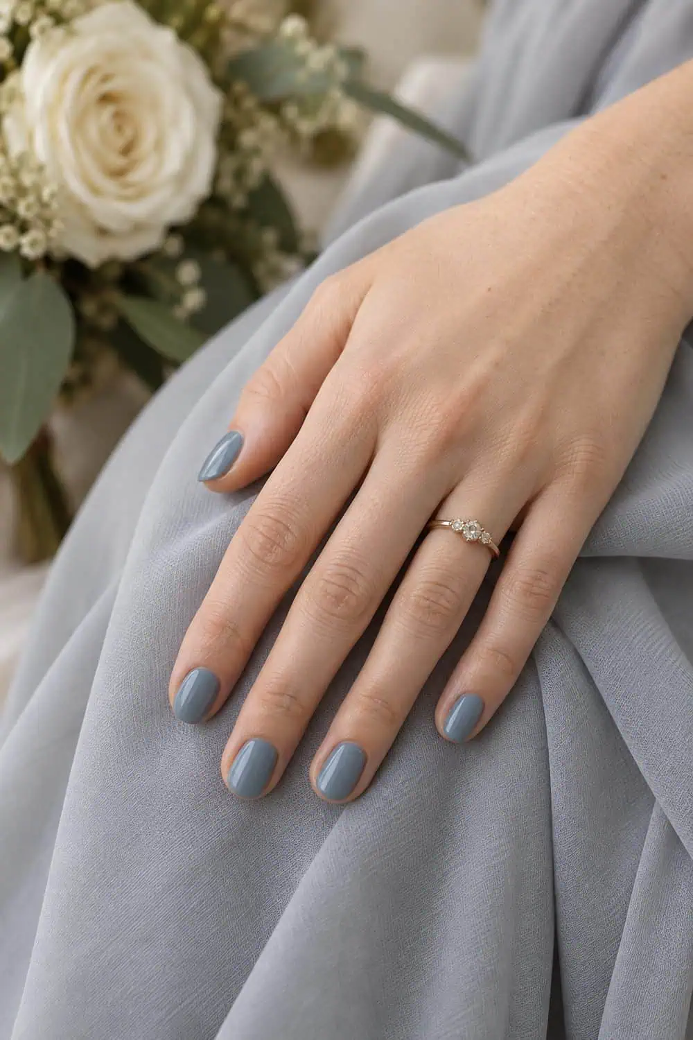 adult bridesmaid's fair hand with short oval nails painted creamy slate blue, resting on pale gray chiffon