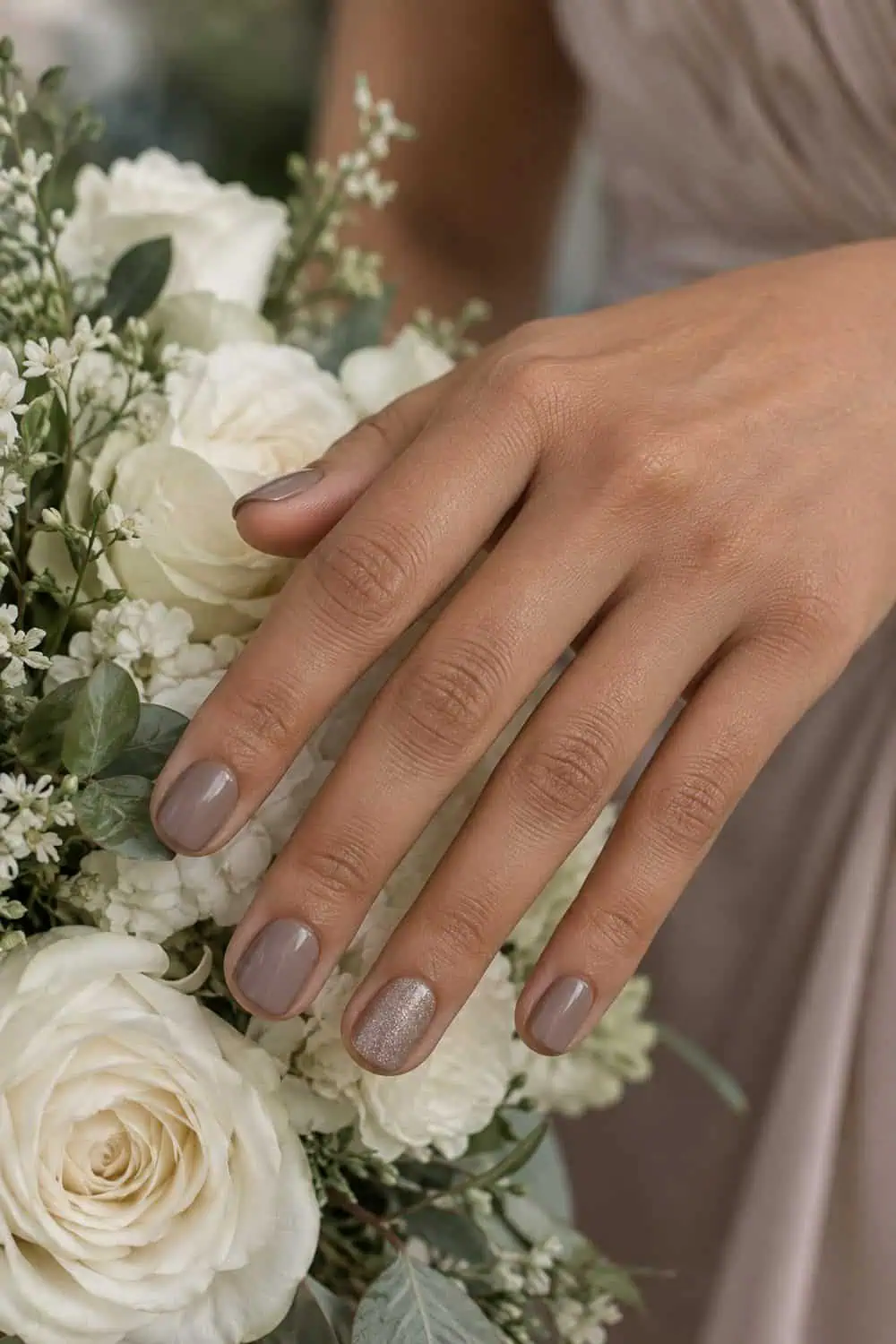 Bridesmaid olive hand with short rounded nails painted solid taupe, ring-finger nail in fine taupe shimmer, ivory bouquet