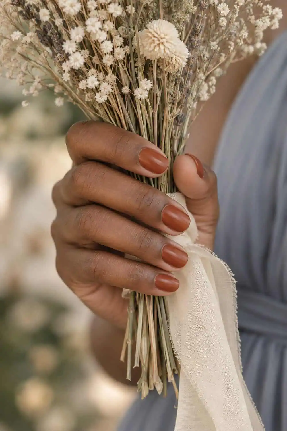 Bridesmaid dark-brown hand with short oval nails painted solid muted terracotta, holding dried cream flowers
