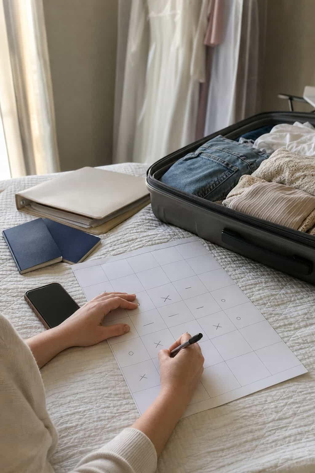 Destination wedding planning calendar beside passports, a carry-on suitcase, and wedding clothing