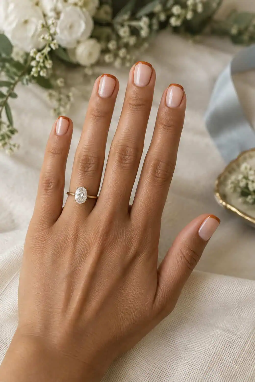 Wedding attendee olive-toned hand with short square nails, sheer beige base and thin burnt-orange French tips, cream background