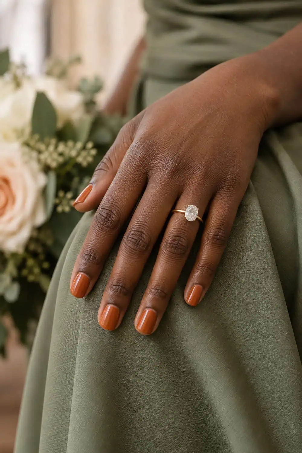 adult wedding attendee's deep-brown hand with short soft-square nails painted burnt orange with a satin finish, olive dress fabric