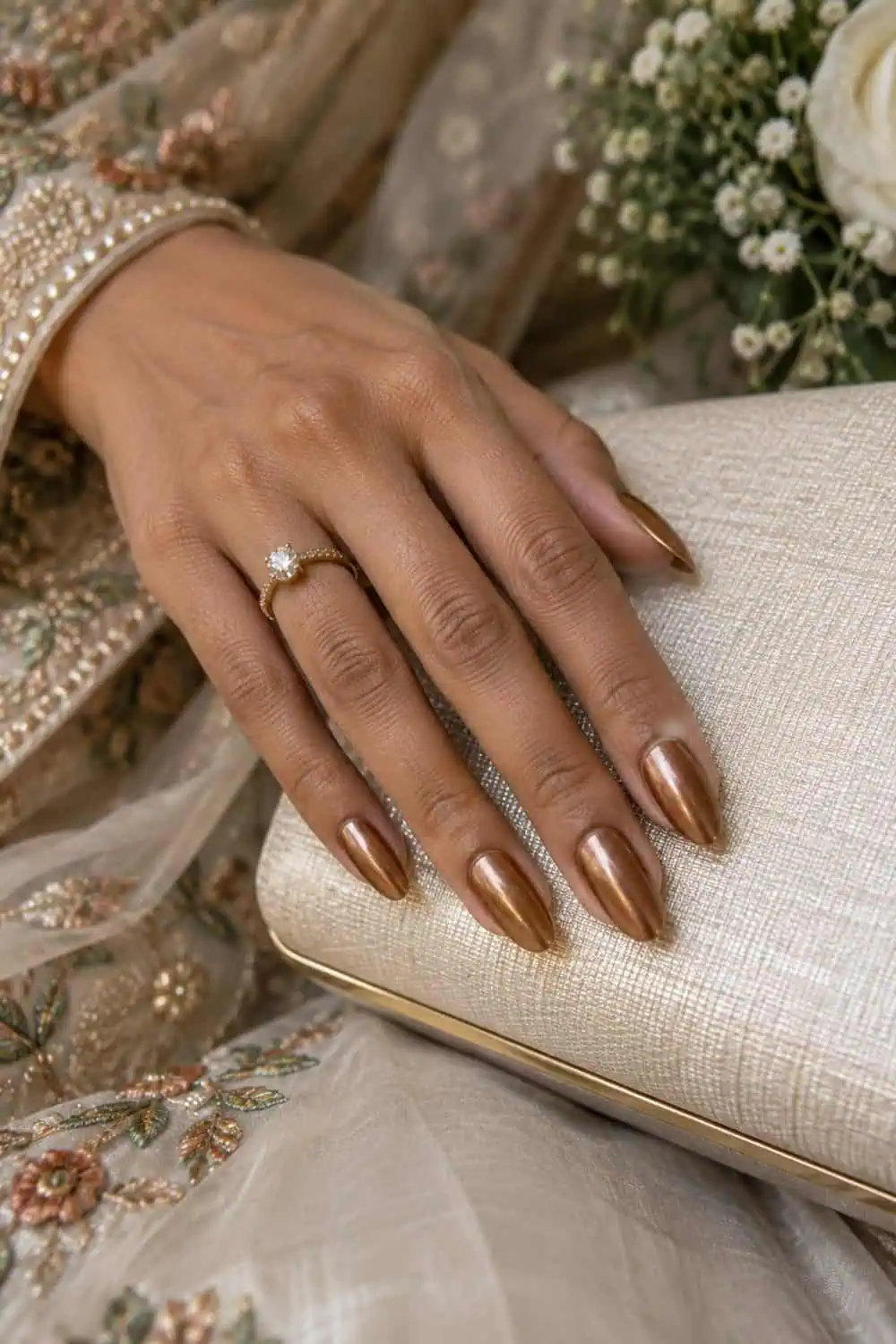 adult wedding attendee's South Asian hand with medium almond nails painted brushed copper chrome, cream clutch nearby