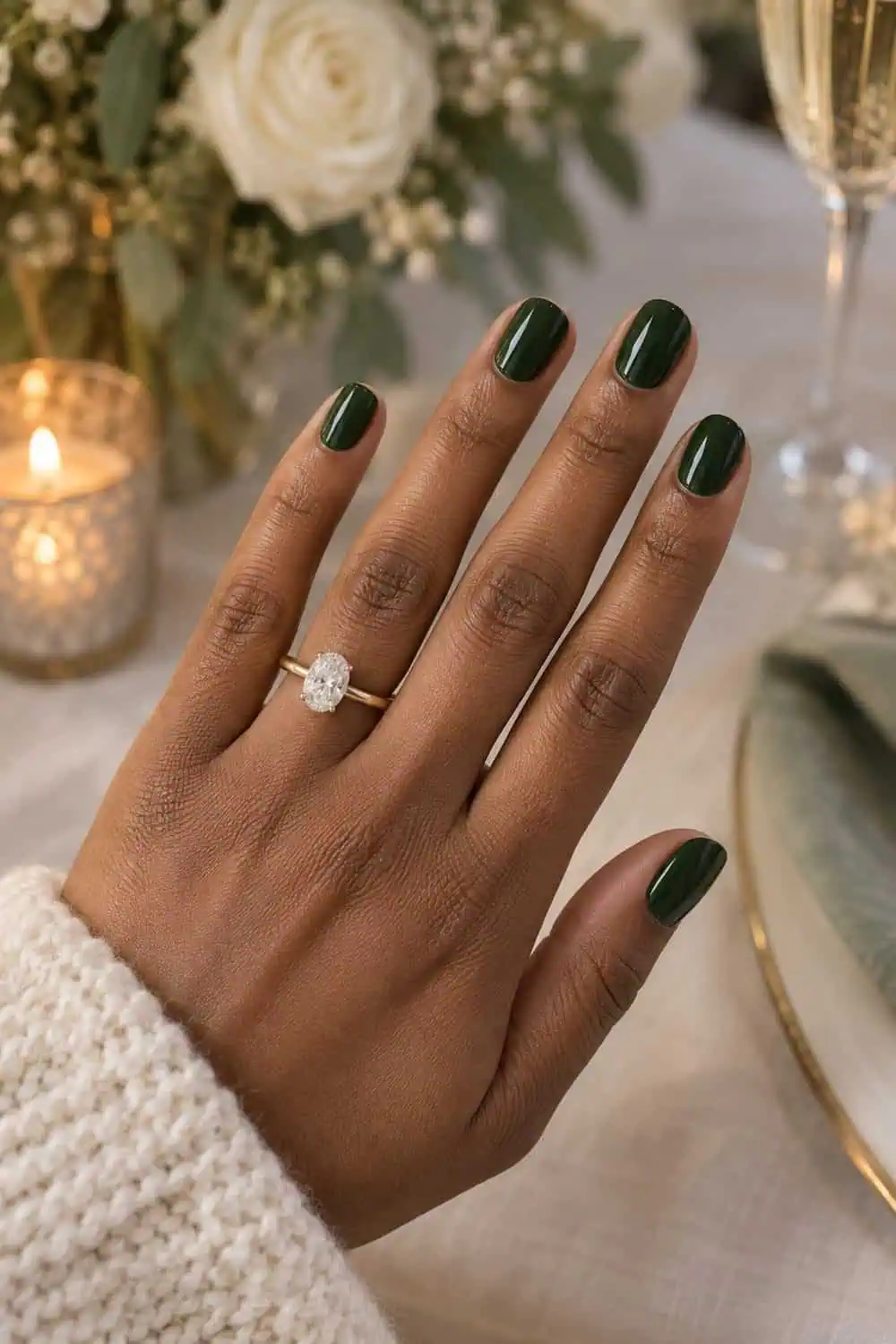 adult wedding attendee's medium-brown hand with short oval nails painted glossy deep forest green, cream knit nearby