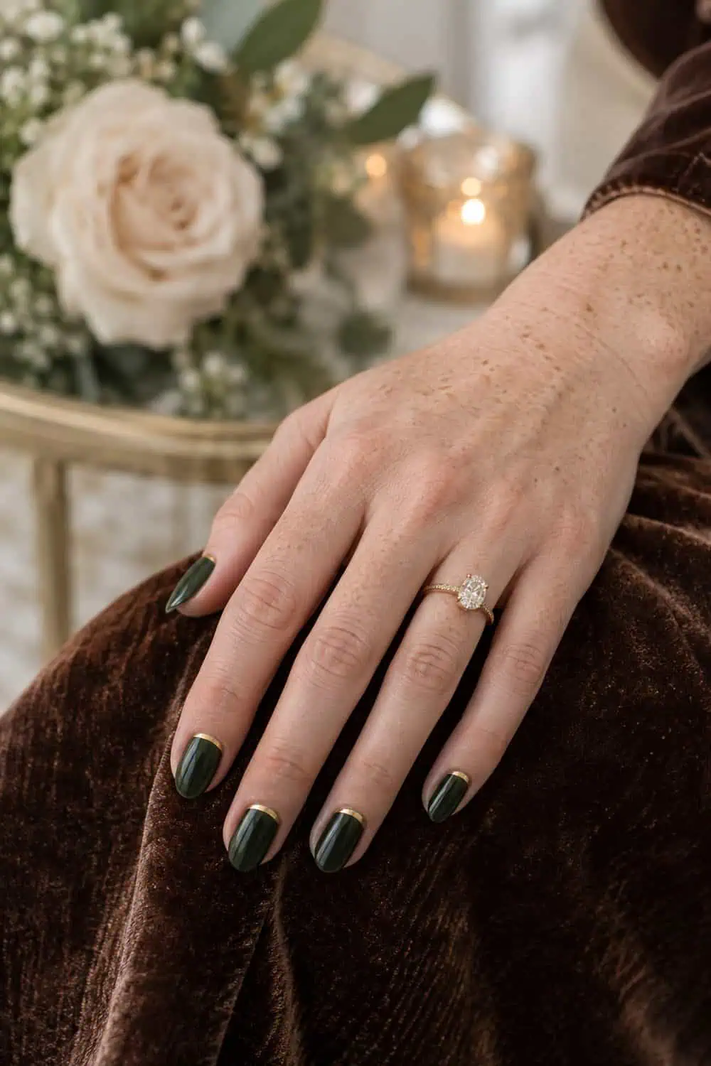 Wedding attendee fair freckled hand with medium oval nails painted forest green, thin gold cuff line at each cuticle, brown velvet