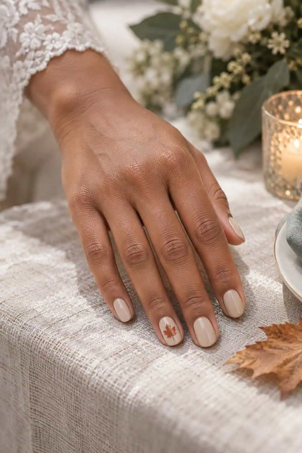 Wedding attendee light-brown hand with short oval nails painted beige, one small rust maple leaf on each visible ring-finger accent, dried leaf nearby