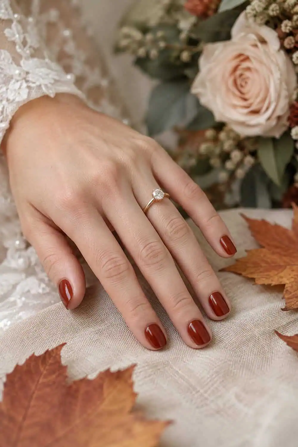 adult wedding attendee's fair hand with short squoval nails painted warm maple red, dried maple leaves nearby