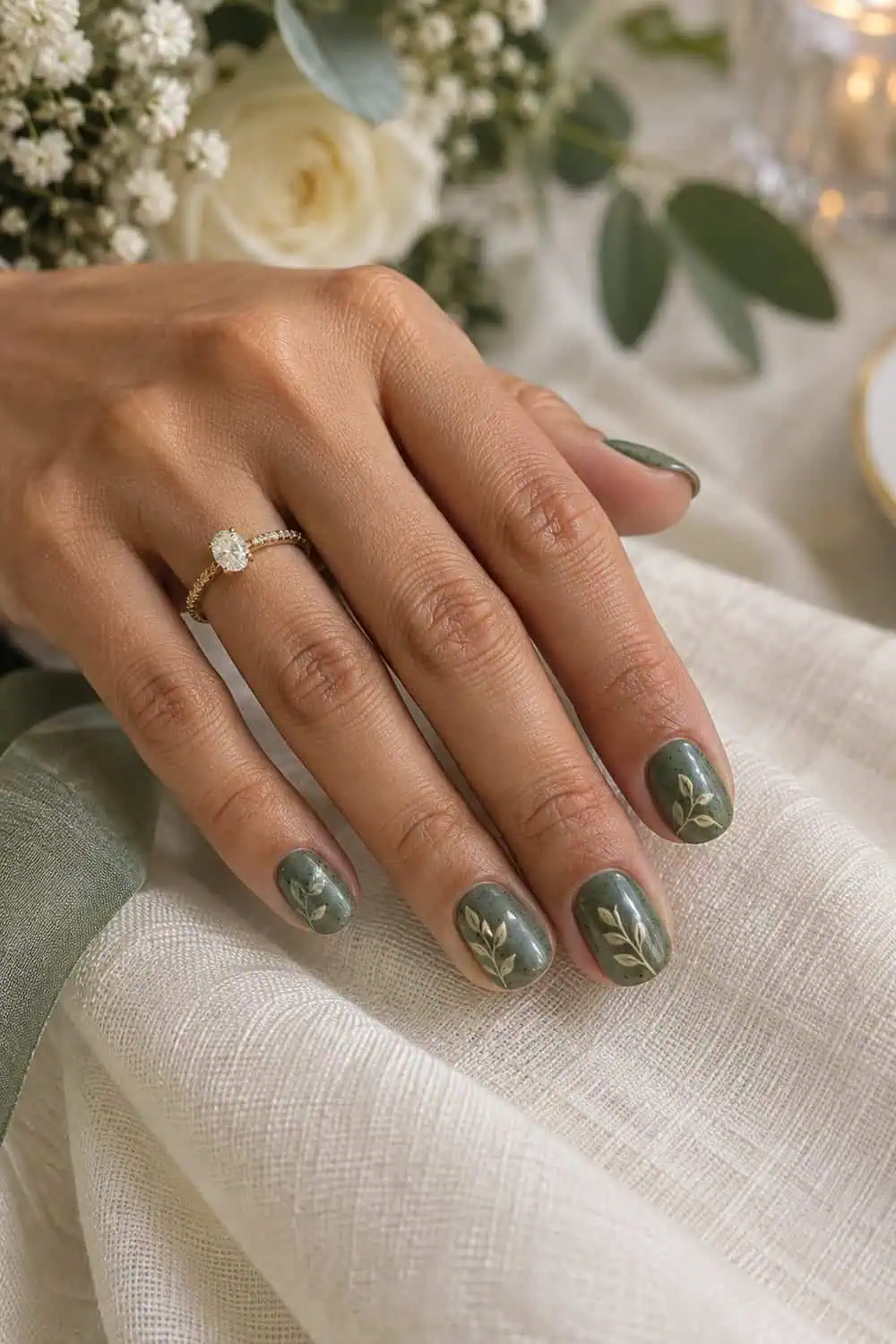 adult wedding attendee's olive-toned hand with short rounded nails painted muted moss green with fine dark speckles, beige leaves