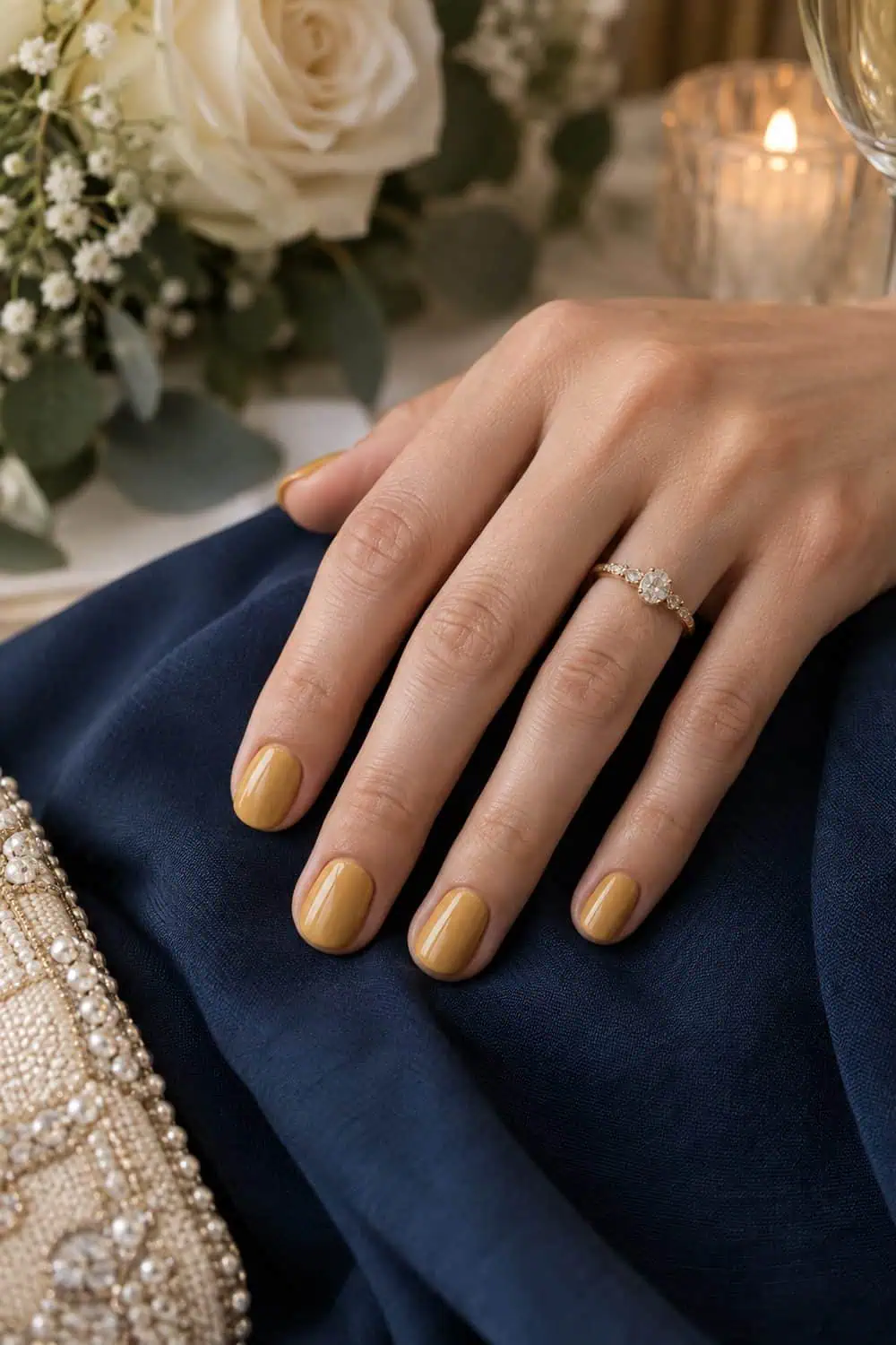 Wedding attendee fair hand with short rounded nails painted creamy muted mustard gold, navy fabric nearby