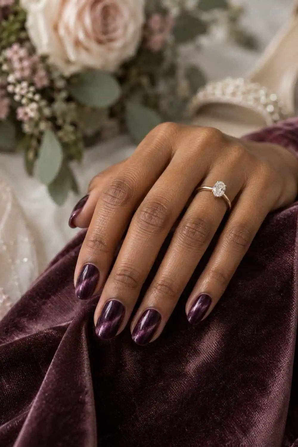 adult wedding attendee's light-brown hand with medium oval nails painted deep plum magnetic velvet polish, diagonal luminous bands, velvet fabric