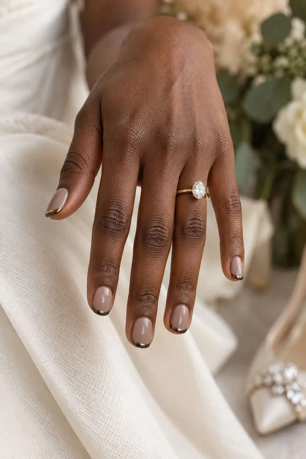 Wedding attendee deep-brown hand with short squoval nails, taupe base and slim bronze French tips, ivory fabric