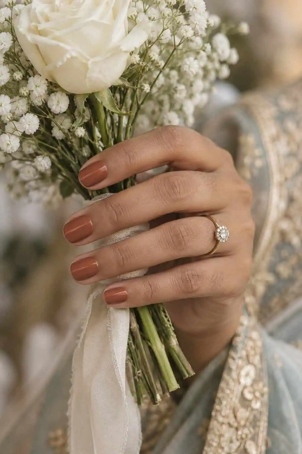 Wedding attendee South Asian hand with short soft-square nails painted solid muted terracotta, holding ivory flowers