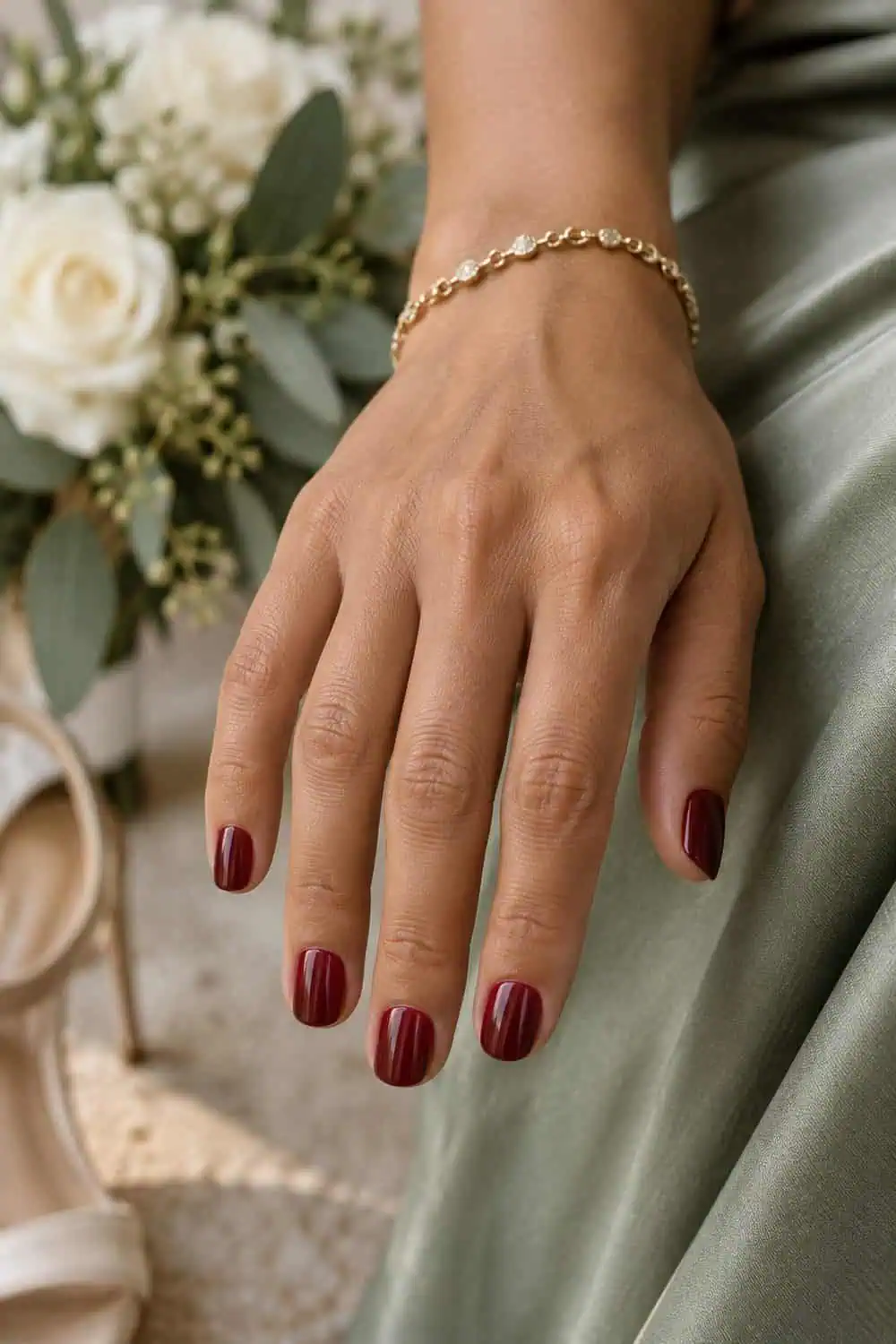 Wedding attendee warm tan hand with short rounded nails painted solid wine red, beside gold bracelet