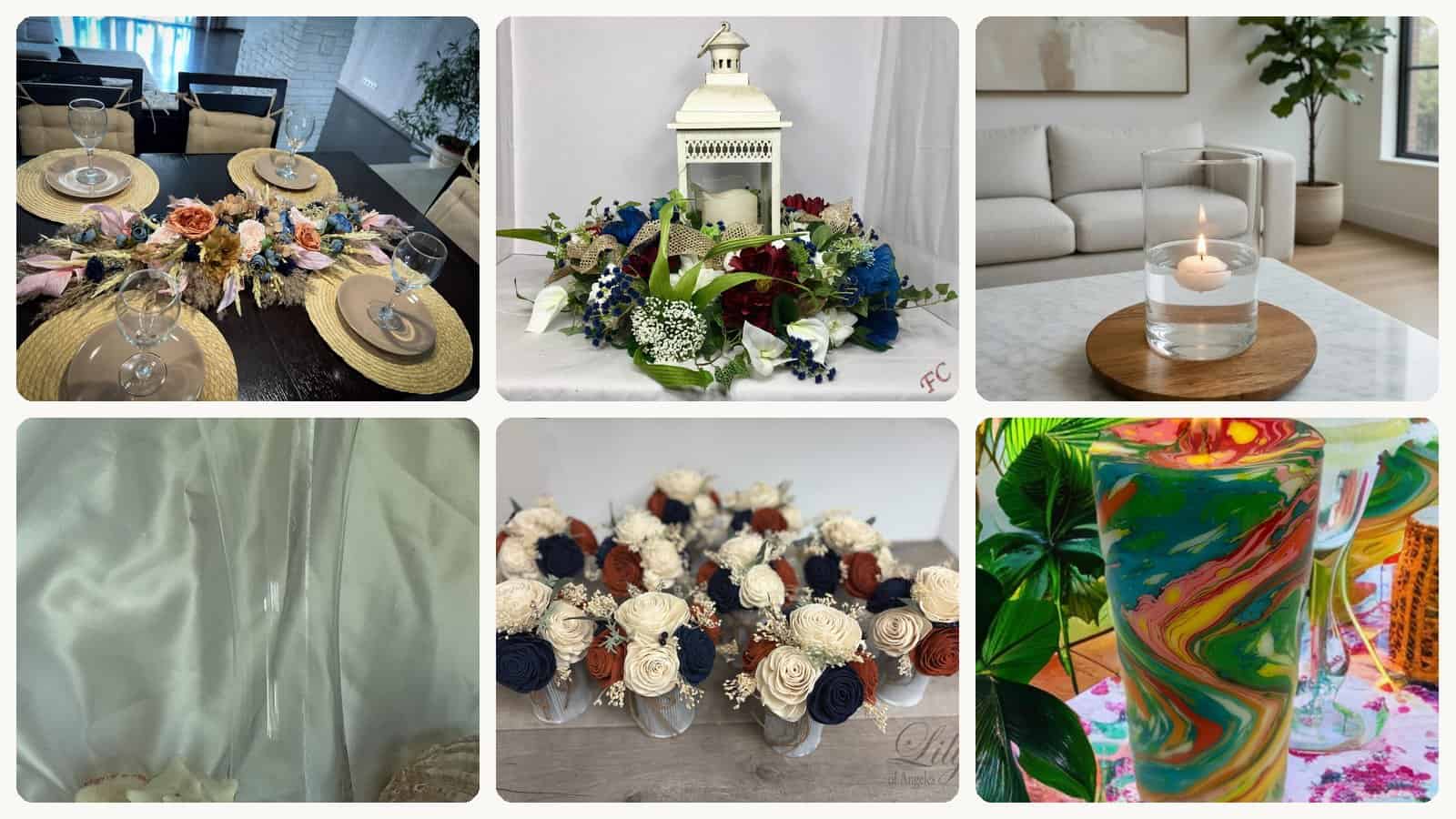 A selection of the lanterns, driftwood, hurricane vases and shell-filled glass